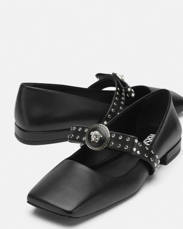 Gianni Ribbon Studded Ballerinas Blacksilver Women Versace Loafers and Flats