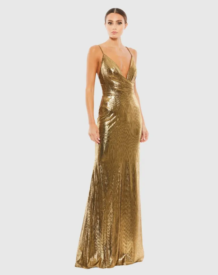 Gold Metallic Faux Wrap Spaghetti Strap Gown Bronze Best Sellers Mac Duggal Women