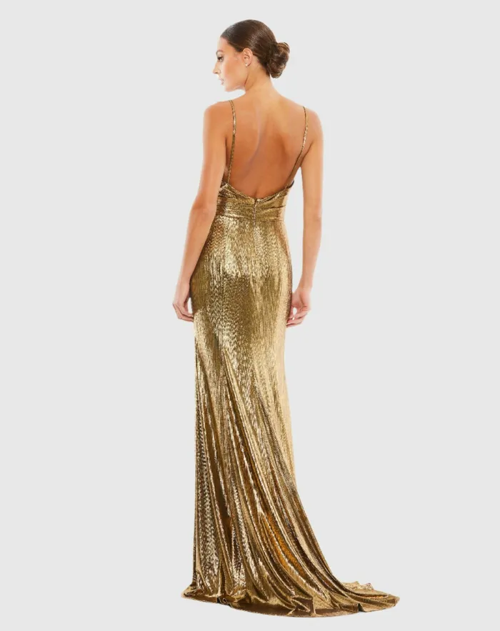 Gold Metallic Faux Wrap Spaghetti Strap Gown Bronze Best Sellers Mac Duggal Women