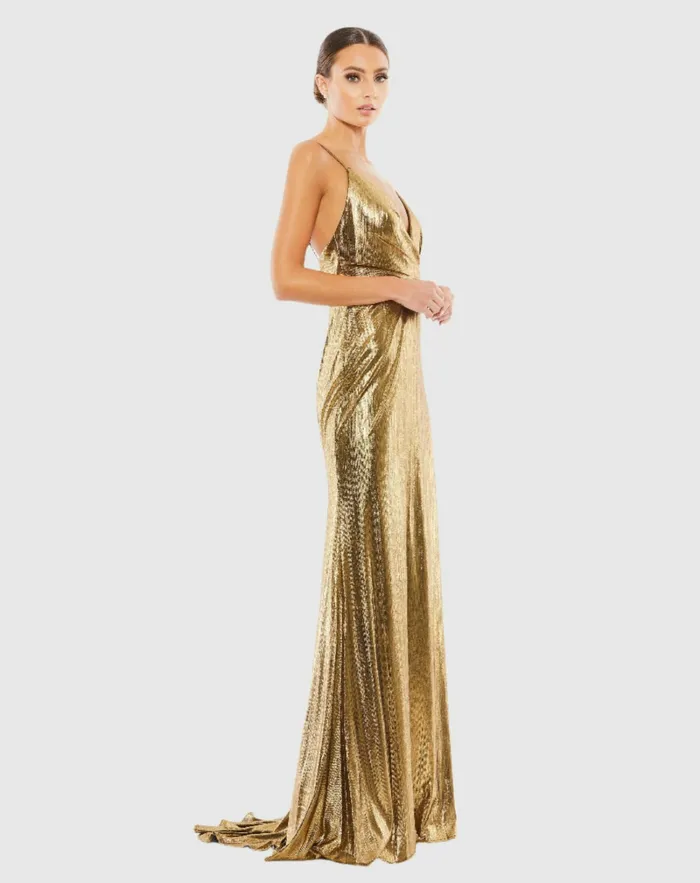 Gold Metallic Faux Wrap Spaghetti Strap Gown Bronze Best Sellers Mac Duggal Women