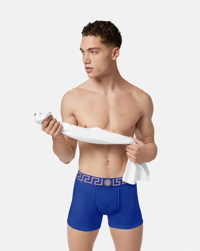 Greca Border Long Trunks Blue Men Versace Boxers