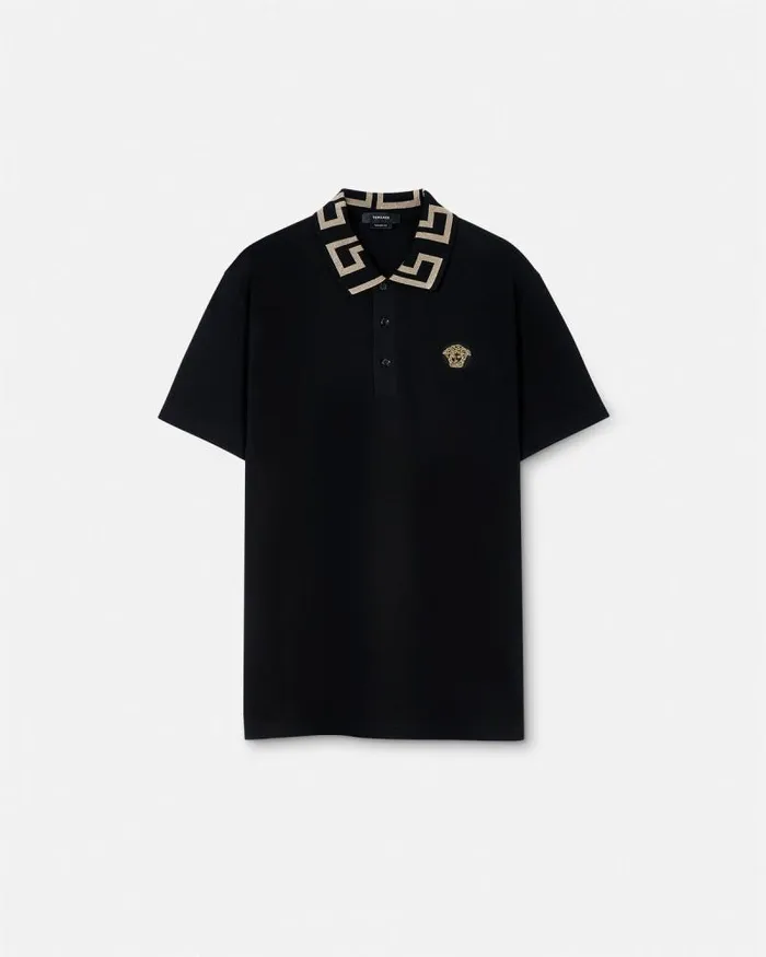 Greca Polo Shirt Black Men Versace TShirts and Polos