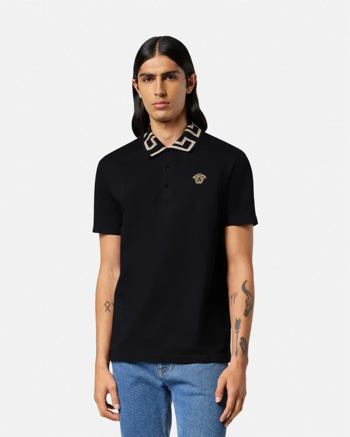 Greca Polo Shirt Black Men Versace TShirts and Polos