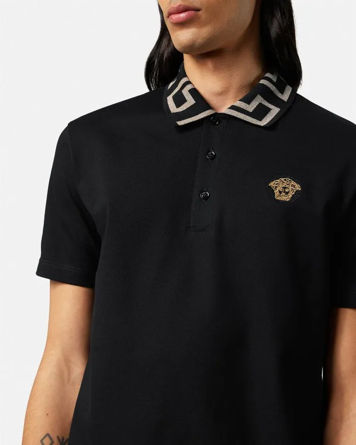 Greca Polo Shirt Black Men Versace TShirts and Polos