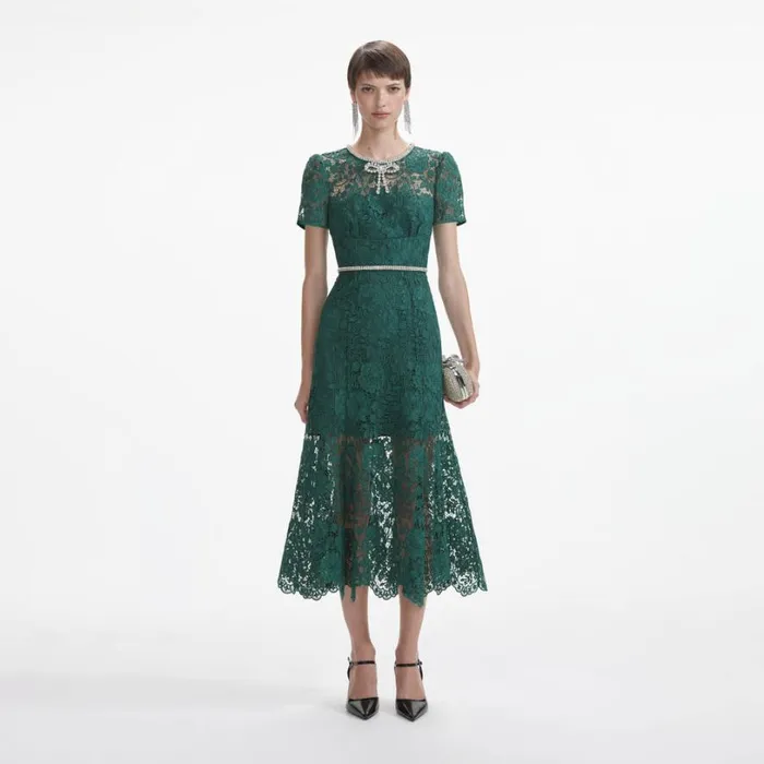 Green Lace Diamante Bow Midi Dress Women Self Portrait Dresses