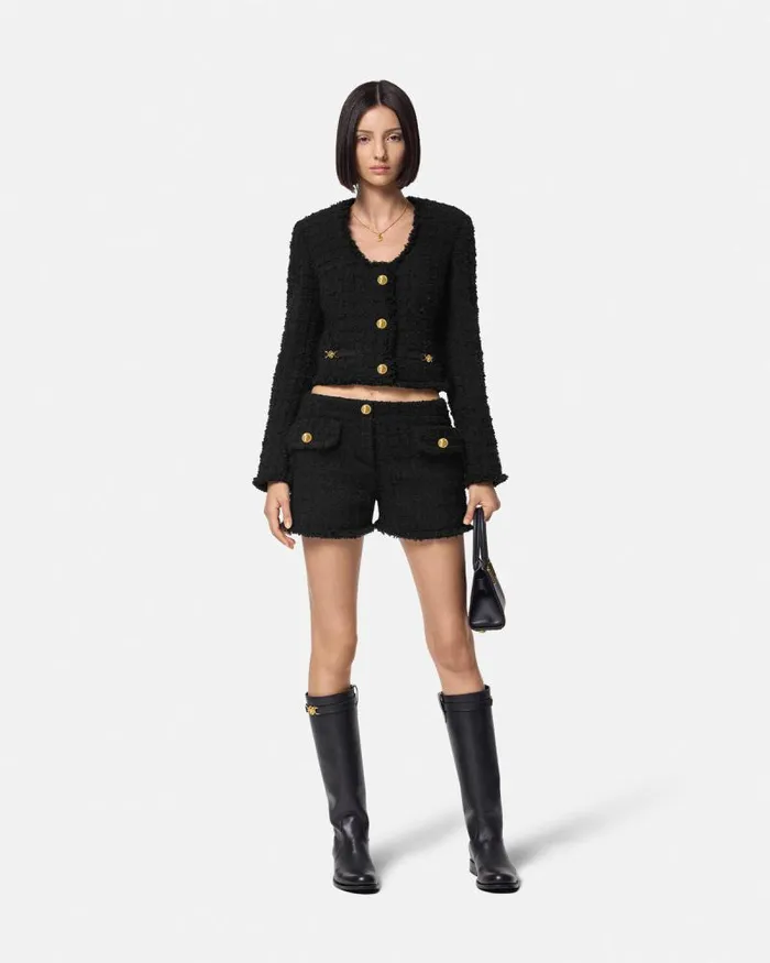 Heritage Tweed Crop Cardigan Jacket Black Women Versace Blazer and Jackets