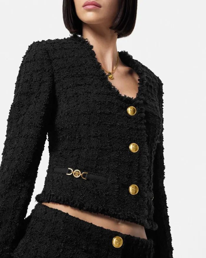 Heritage Tweed Crop Cardigan Jacket Black Women Versace Blazer and Jackets