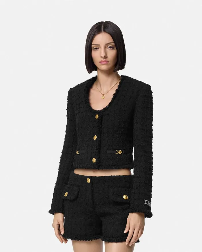 Heritage Tweed Crop Cardigan Jacket Black Women Versace Blazer and Jackets