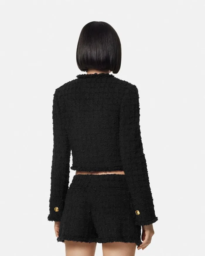 Heritage Tweed Crop Cardigan Jacket Black Women Versace Blazer and Jackets