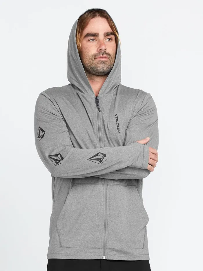 Iconic Stone Long Sleeve Hooded Rashguard 8211 Heather Grey Mens Volcom Rashguards