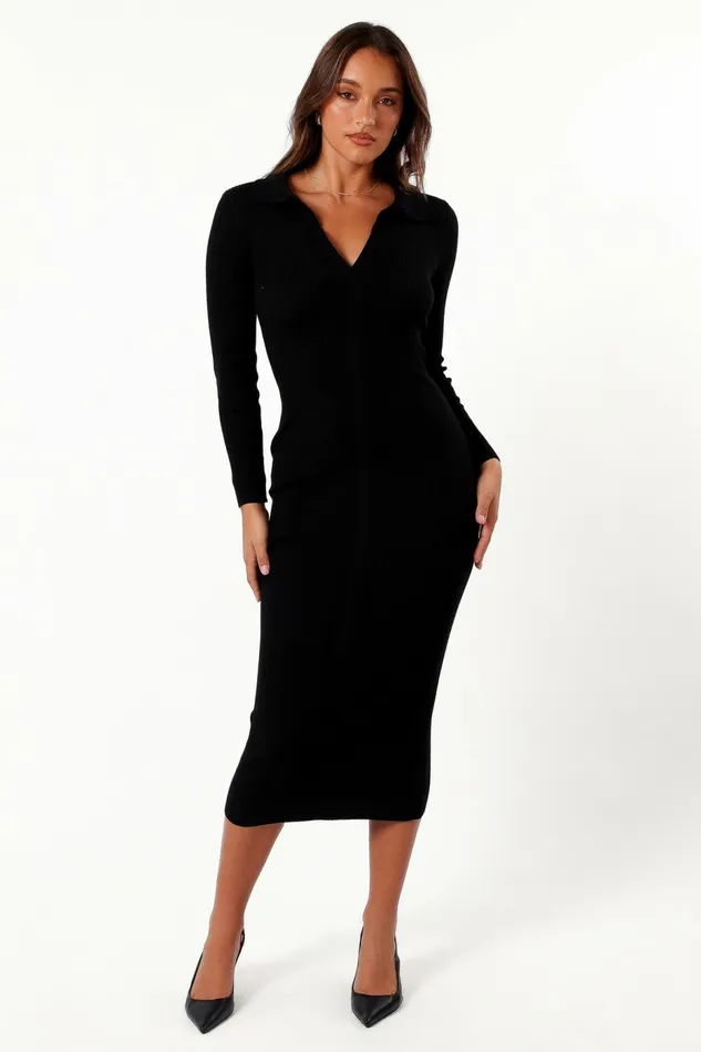 Irene Long Sleeve Midi Dress Black Winter Dresses Petal and Pup Women