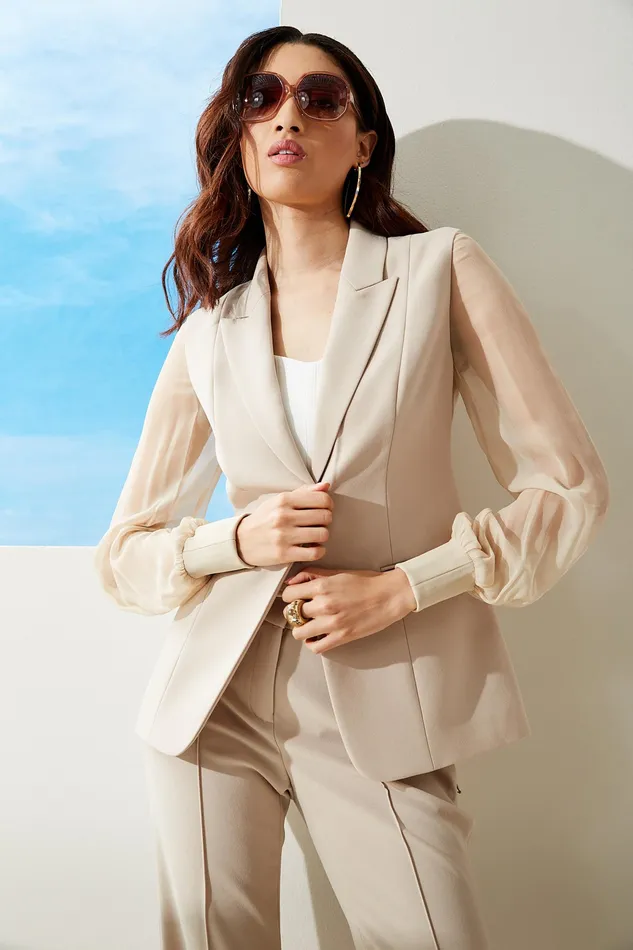 Jackets and Blazers Women Elie Tahari Chiffon Sleeve Blazer ISLAND SAND
