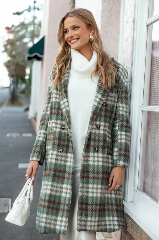 Jackets and Coats Anika Plaid Long Coat GreenBrown Petal and Pup Women