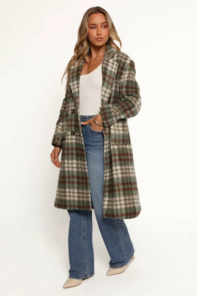 Jackets and Coats Anika Plaid Long Coat GreenBrown Petal and Pup Women