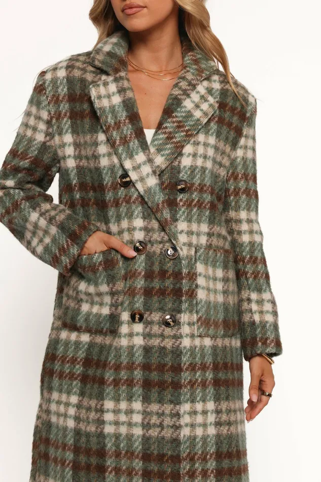 Jackets and Coats Anika Plaid Long Coat GreenBrown Petal and Pup Women