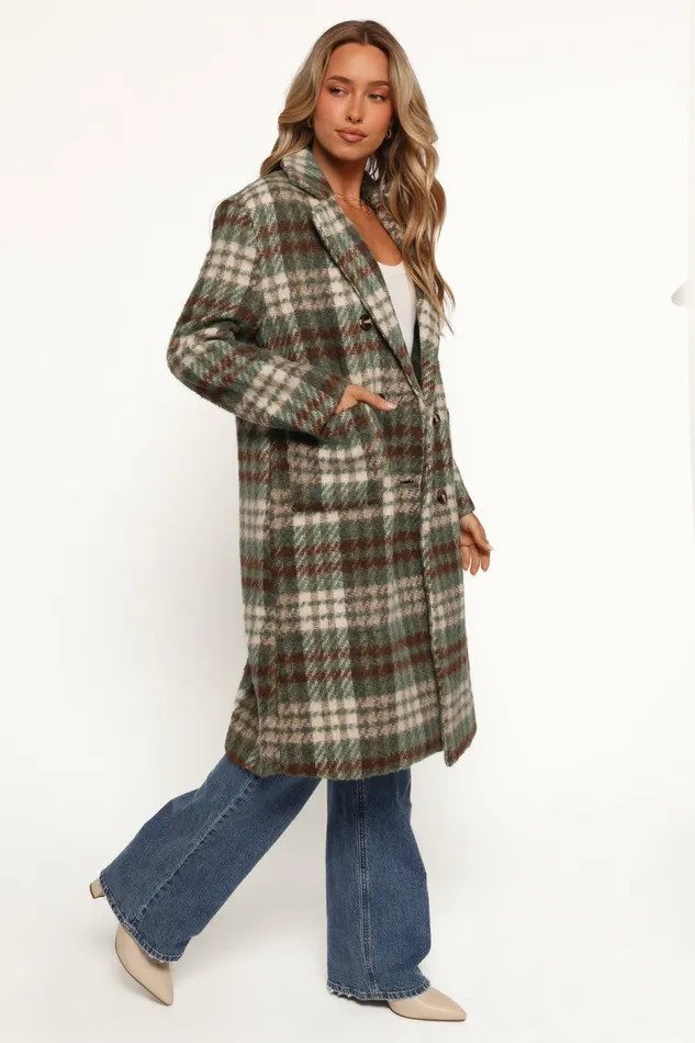 Jackets and Coats Anika Plaid Long Coat GreenBrown Petal and Pup Women