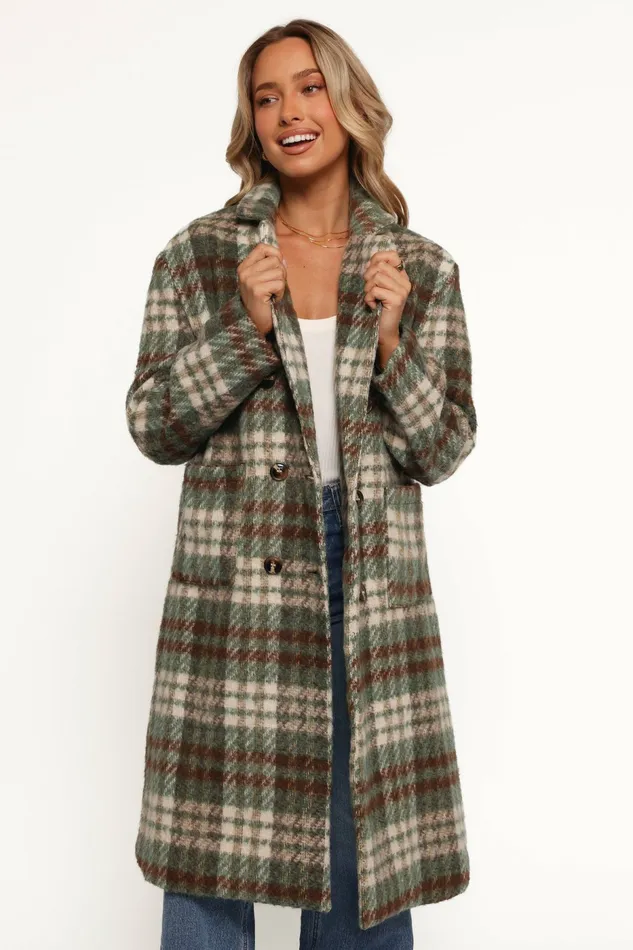 Jackets and Coats Anika Plaid Long Coat GreenBrown Petal and Pup Women