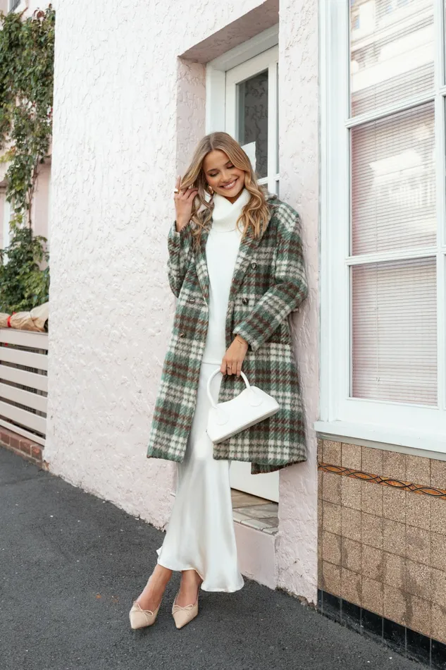 Jackets and Coats Anika Plaid Long Coat GreenBrown Petal and Pup Women