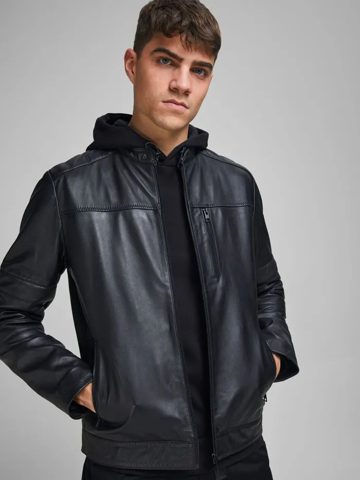Jackets JACK and JONES Mens GENUINE LAMB LEATHER JACKET Black Black