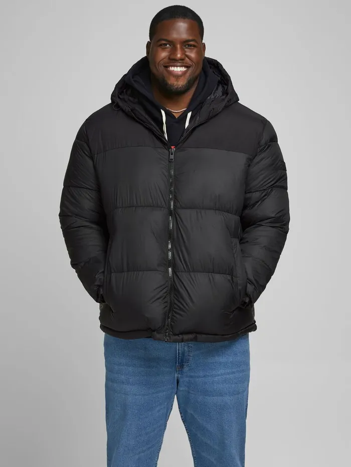 Jackets JACK and JONES Mens HOODED PLUS SIZE PUFFER JACKET Black Black