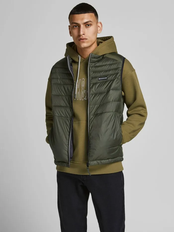 Jackets JACK and JONES Mens PADDED NYLON GILET Green Forest Night