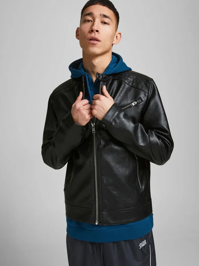 Jackets JACK and JONES Mens RACER FAUX LEATHER JACKET Black Black