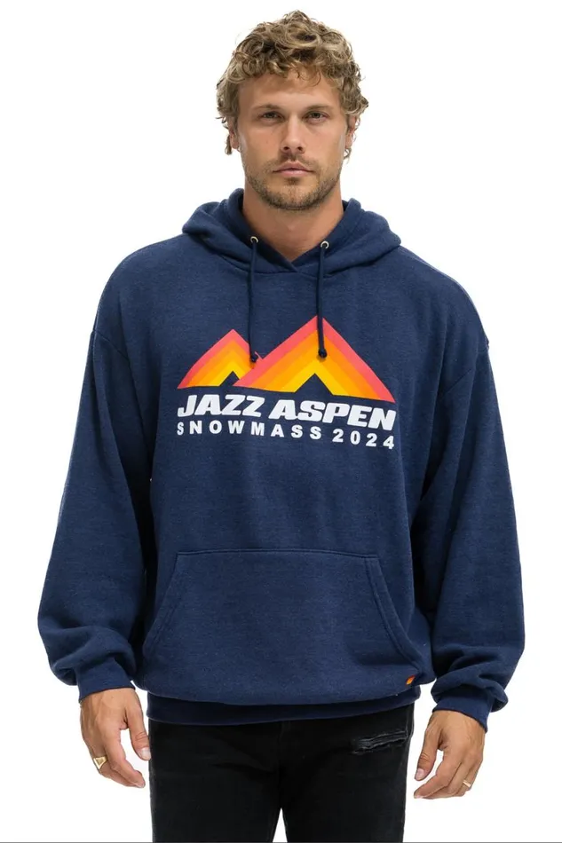 Jazz Aspen Snowmass 2024 Pullover Hoodie Relaxed 8211 Navy WomenMen Aviator Nation Hoodies