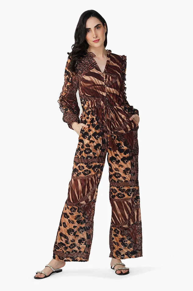 Jumpsuits Women Brown Animal Patch Print Jumpsuit America and Beyond