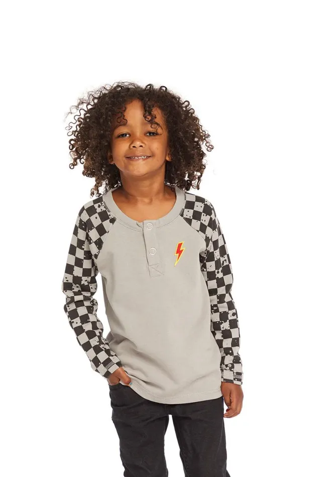 Kids Chaser Brand Boys Long Sleeve Splatter Checker Raglan Button Up Henley