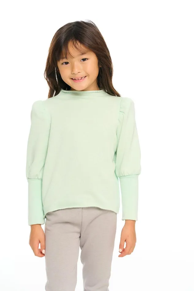 Kids Chaser Brand Girls Semi Cropped Hi Lo Mock Neck Puff Sleeve Pullover