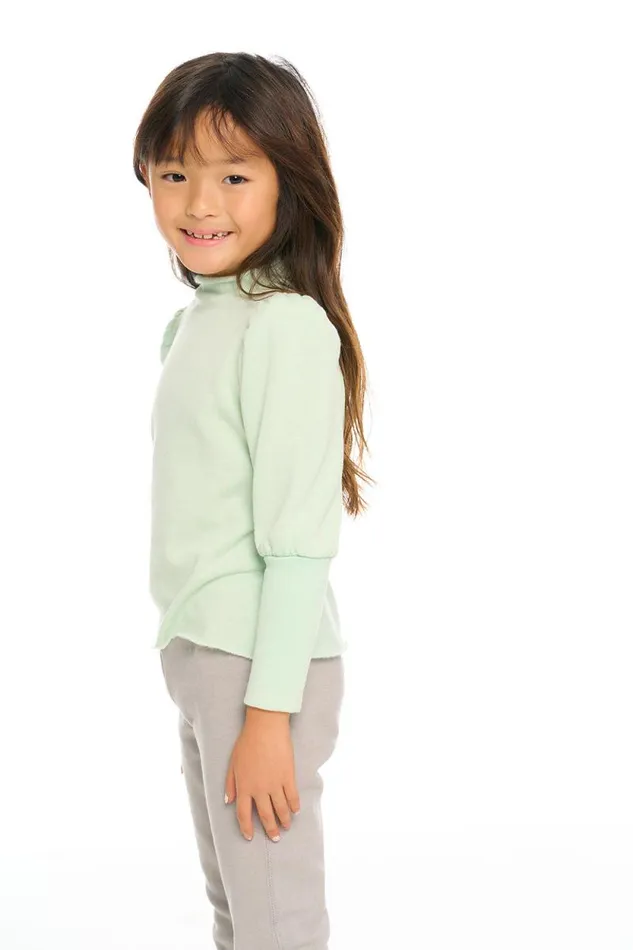 Kids Chaser Brand Girls Semi Cropped Hi Lo Mock Neck Puff Sleeve Pullover