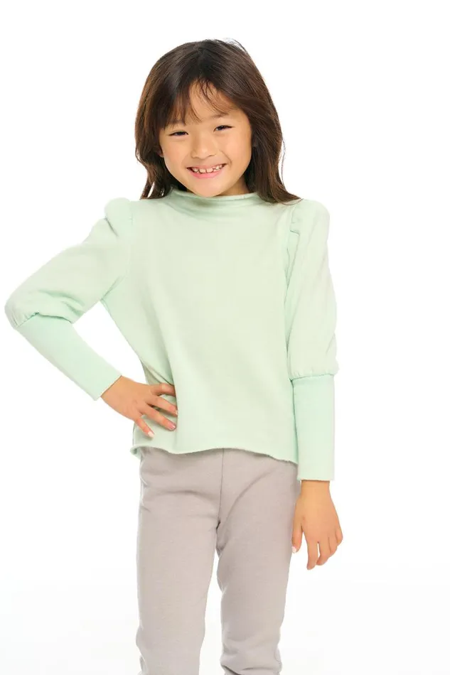 Kids Chaser Brand Girls Semi Cropped Hi Lo Mock Neck Puff Sleeve Pullover