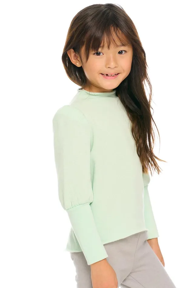 Kids Chaser Brand Girls Semi Cropped Hi Lo Mock Neck Puff Sleeve Pullover