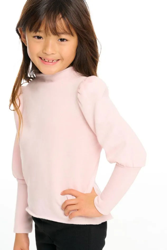 Kids Chaser Brand Girls Semi Cropped Hi Lo Mock Neck Puff Sleeve Pullover