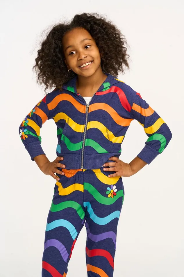 Kids Chaser Brand Girls Wavy Flower Rainbow Zipup Hoodie