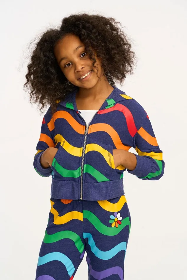 Kids Chaser Brand Girls Wavy Flower Rainbow Zipup Hoodie