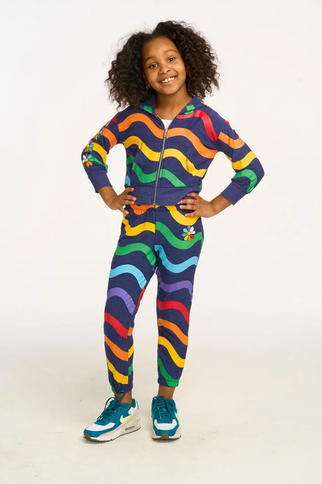 Kids Chaser Brand Girls Wavy Flower Rainbow Zipup Hoodie