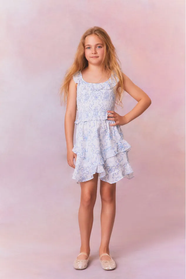 Kids LoveShackFancy Girls Girls Marcela Bow Print Cotton Dress Blissful Blue