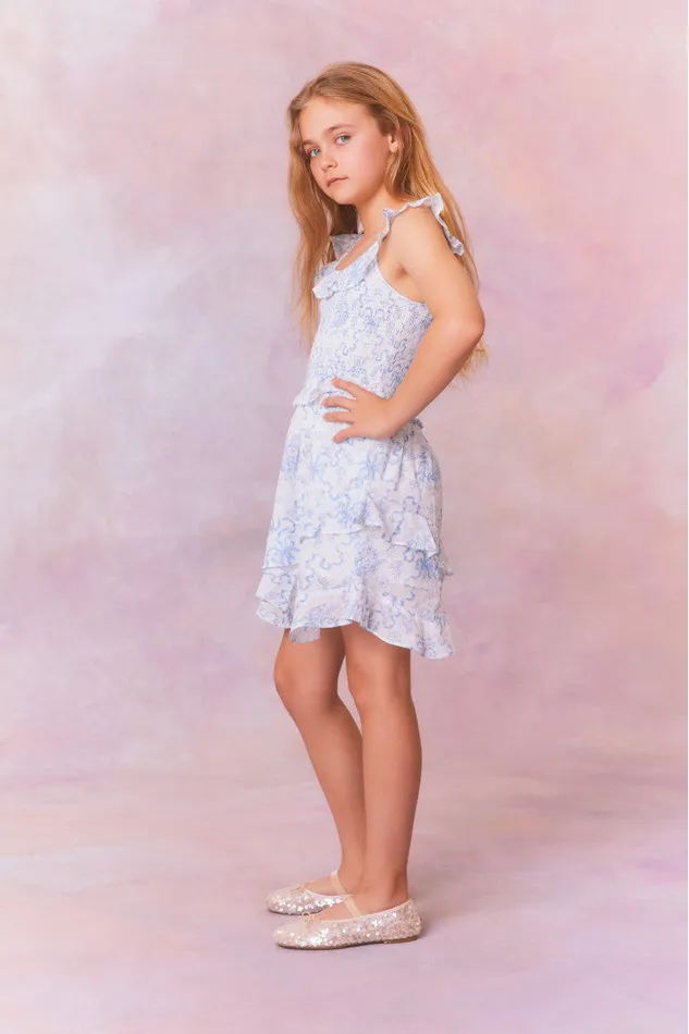 Kids LoveShackFancy Girls Girls Marcela Bow Print Cotton Dress Blissful Blue