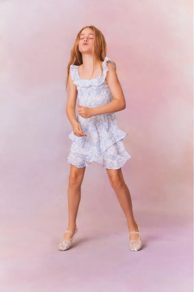 Kids LoveShackFancy Girls Girls Marcela Bow Print Cotton Dress Blissful Blue