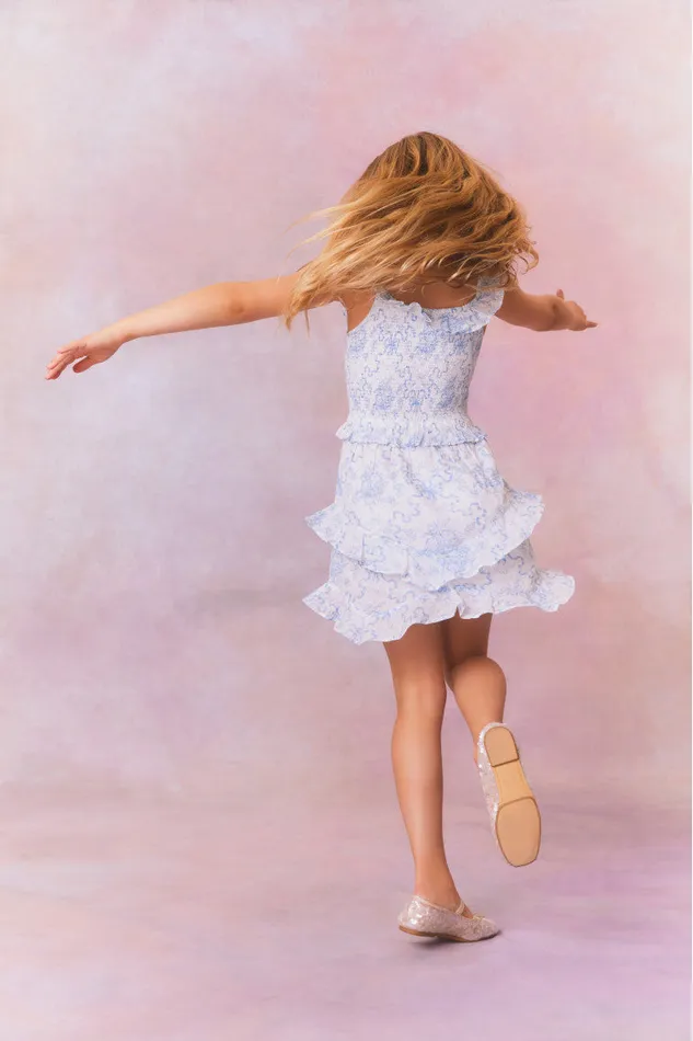 Kids LoveShackFancy Girls Girls Marcela Bow Print Cotton Dress Blissful Blue