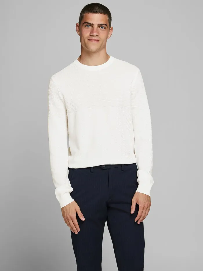 Knitwear JACK and JONES Mens RECYCLED POLYESTER KNITTED PULLOVER White Blanc de Blanc Gift for Friend Knitwear JACK and JONES Mens RECYCLED POLYESTER KNITTED PULLOVER White Blanc de Blanc Gift for Friend