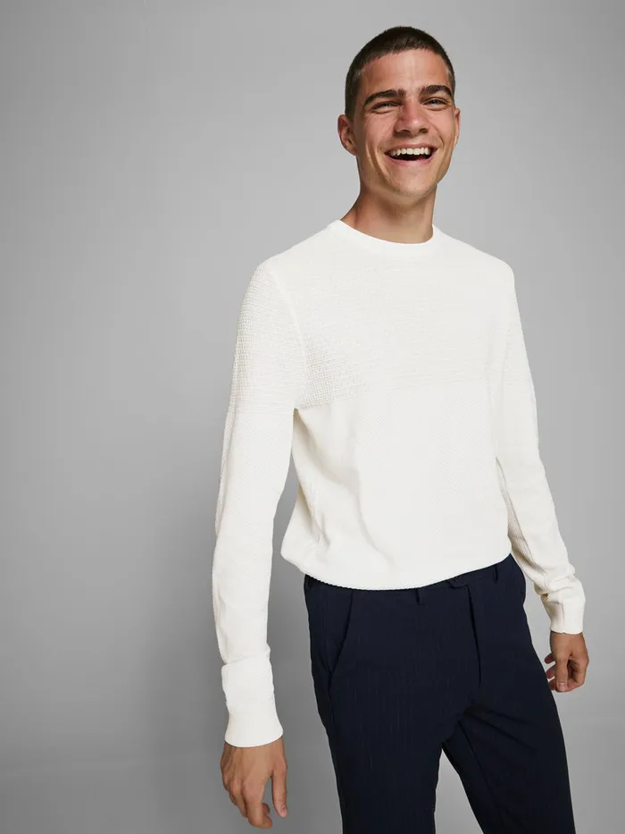 Knitwear JACK and JONES Mens RECYCLED POLYESTER KNITTED PULLOVER White Blanc de Blanc Gift for Friend