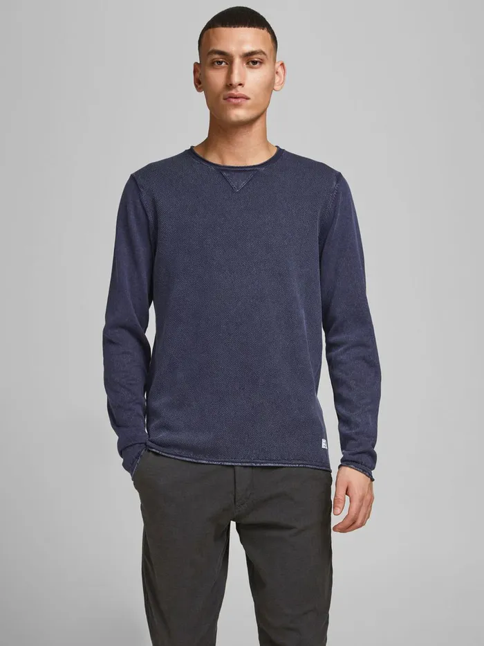 Knitwear JACK and JONES Mens TEXTURED COTTON KNITTED PULLOVER Blue Peacoat Gift Ideas
