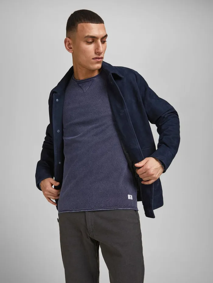 Knitwear JACK and JONES Mens TEXTURED COTTON KNITTED PULLOVER Blue Peacoat Gift Ideas