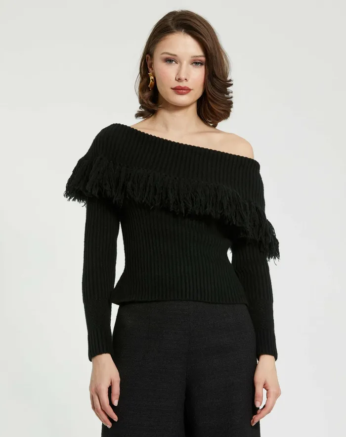 Knitwear Off The Shoulder Fringe Knit Sweater 8211 FINAL SALE Black Mac Duggal Women