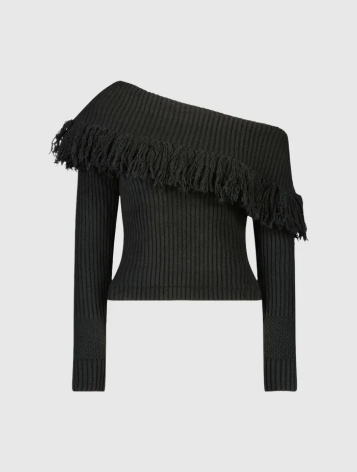 Knitwear Off The Shoulder Fringe Knit Sweater 8211 FINAL SALE Black Mac Duggal Women