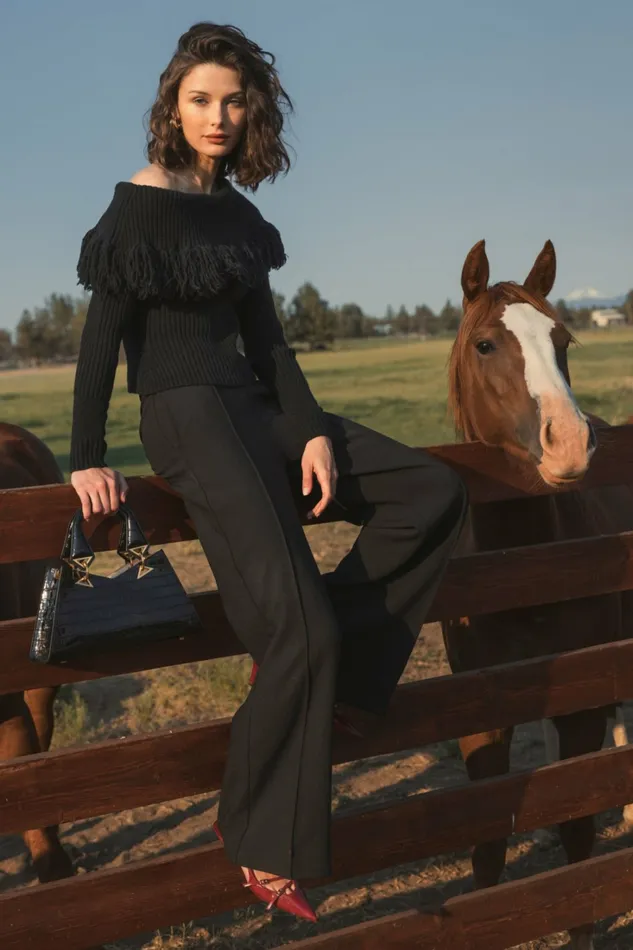 Knitwear Off The Shoulder Fringe Knit Sweater 8211 FINAL SALE Black Mac Duggal Women
