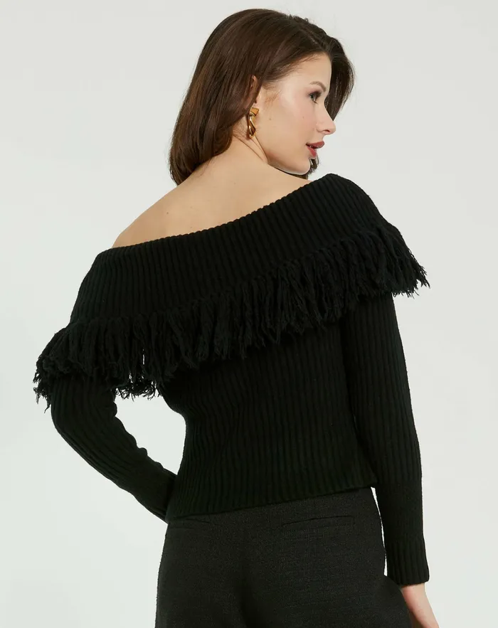 Knitwear Off The Shoulder Fringe Knit Sweater 8211 FINAL SALE Black Mac Duggal Women