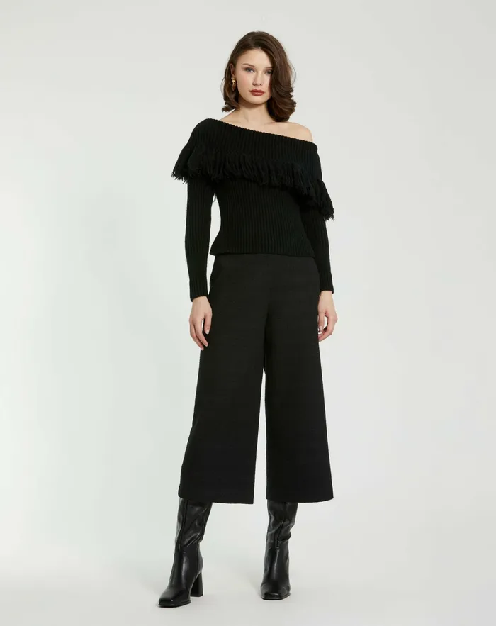Knitwear Off The Shoulder Fringe Knit Sweater 8211 FINAL SALE Black Mac Duggal Women